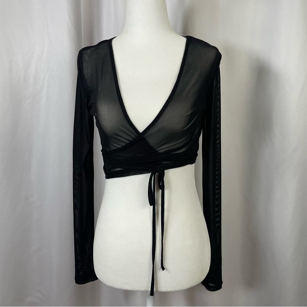 Garage XS Black Mesh Long Sleeve Crop Top Wrap V Neck Sheer Party Date Night